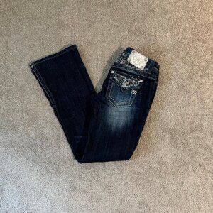 Miss Me Relaxed Bootcut Jeans Bling Flap Pocket Geo Embroidery Sz 26 (28x31)